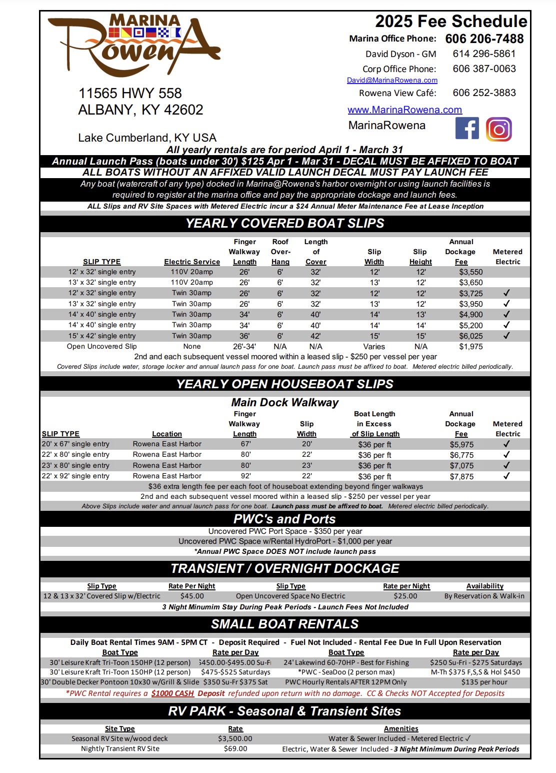 2025 Slip Rental Fee Listing 