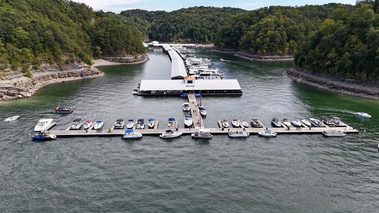 aerial photo of entrance to the docks near the marina store