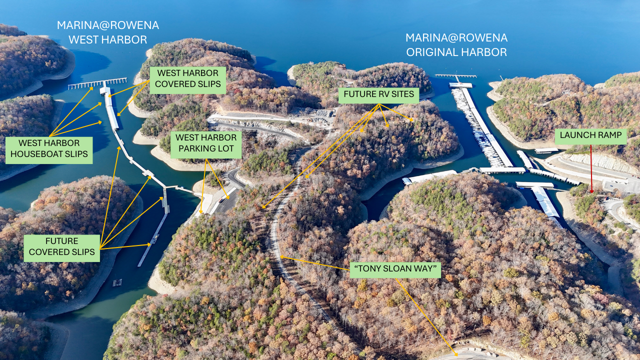 Marina Rowena map showing the new West Harbor being constructed in 2026.