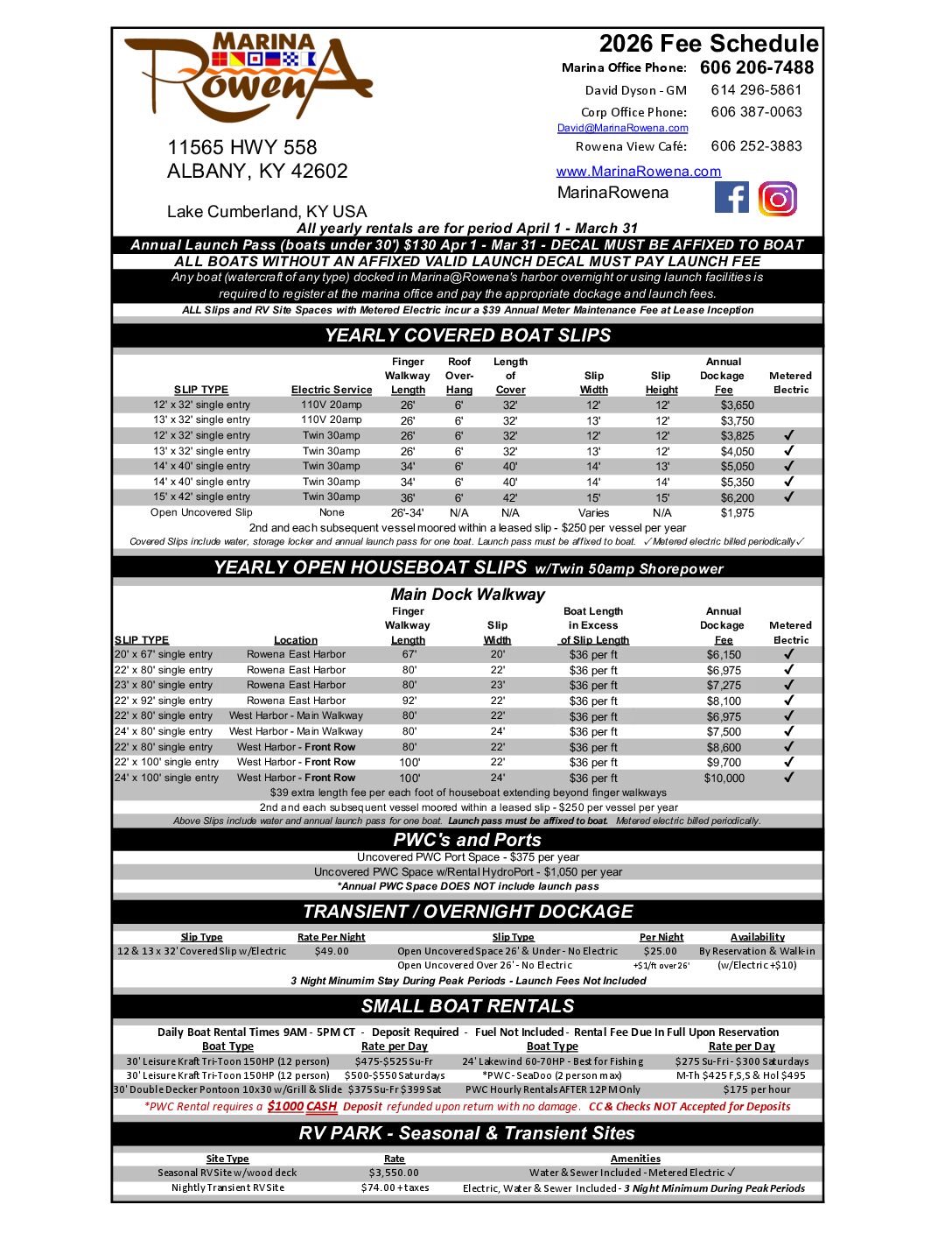 2026 Marina@Rowena Dockage Fees 2025 Slip Rental Fee Listing